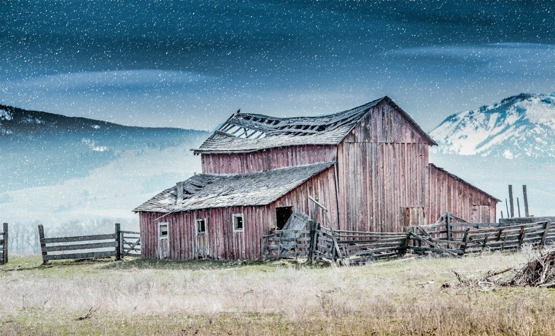 Ancienne grange en bois sous la neige, évoquant une acoustique rustique